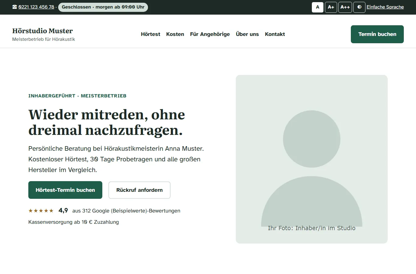 Startseite der Musterseite „Hörstudio Muster“